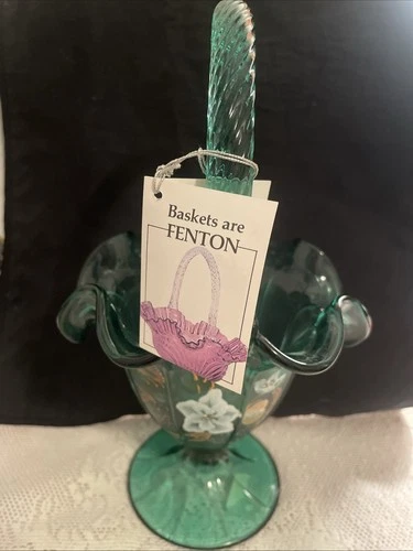 Fenton Spruce Green Magnolia & Berries Twisted Handle Glass Basket