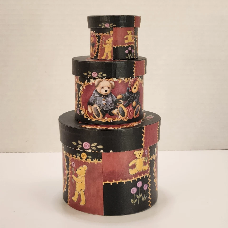 Set of 3 Stacking Nesting Floral Bob’s Boxes Victorian Teddies Teddy Bears Oval - Image 3 of 4