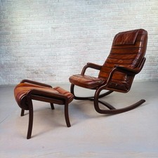 Vintage Danish Tan Leather Rocking Chair & Footstool by Skippers