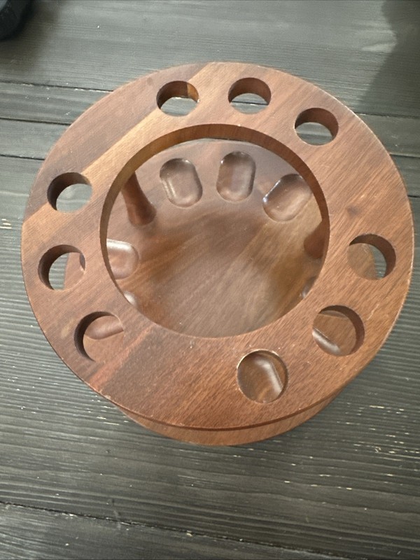 Vintage DECATUR INDUSTRIES WALNUT WOOD 9 Pipe Holder Stand Rack Round