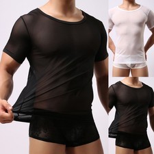 Breathable Mesh See Through Fishnet T Shirt Short Sleeve Clubwear For Men