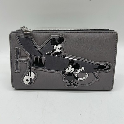 Loungefly Disney Mickey Mouse Plane Crazy Retro Faux Leather Gray Flap Wallet