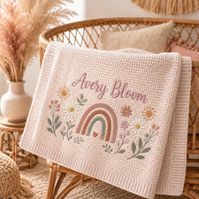Personalized Boho Rainbow Knit Baby Blanket Custom Floral Girl Keepsake