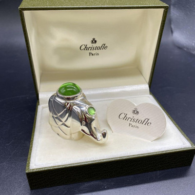 Christofle Paris Figurine Elephant Silver with Green Stone