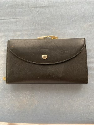 Vintage BOSCA Black Leather Clutch Wallet Gold Clasp Kiss Lock Organizer