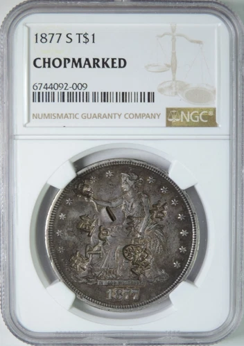 1877 S US Trade Silver Dollar with Over 10 Chinese / Japanese Chopmarks NGC