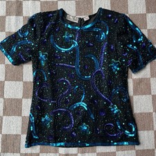 Vintage Laurence Kazar M Silk Sequin Beaded Top Blouse Black Blue Purple 80s