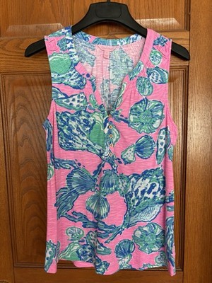  Lilly Pulitzer Essie Top Pink Pout  Barefoot Princess  Print Sz Medium 