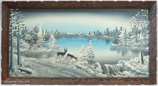 Vintage Mary Clemens Naive Folk Painting Winter Landscape Cabin Lake, Signed