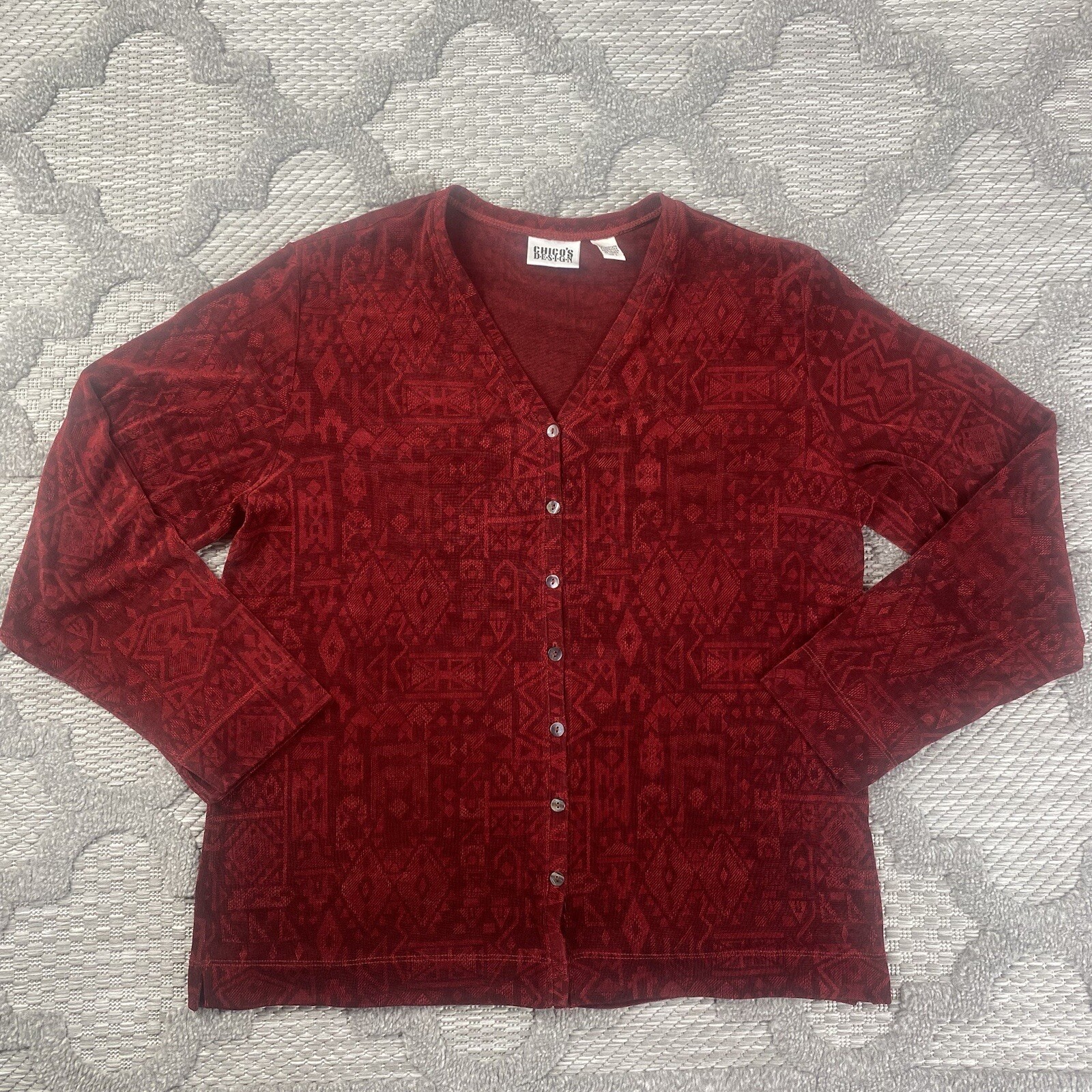 Chicos Womens Red Boho Aztec Print Button Up Blouse Long Sleeve