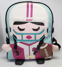Luv Betsey Johnson Backpack Bookbag Purse Football Girl, Black Aqua Pink
