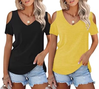 Damen Frauen T-Shirts Tops T-Shirts Größe 2XL Kurzarm Oberteil V-Ausschnitt Cold Shoulder