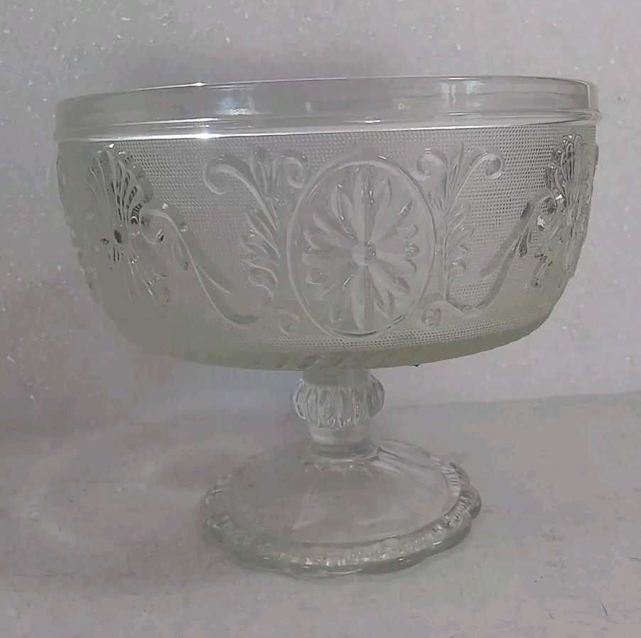VTG Stippled Glass Compote with Floral Medallion Scrolls and Rope Band Elegant Design