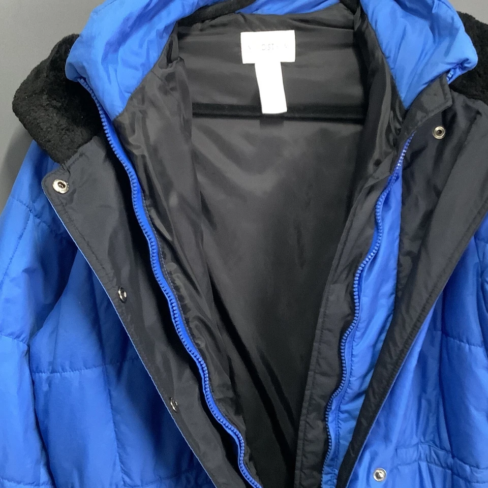 Parka acolchada de invierno vintage para mujer M azul con capucha ribete de piel cremallera completa bolsillo a presión Foto 3 de 4