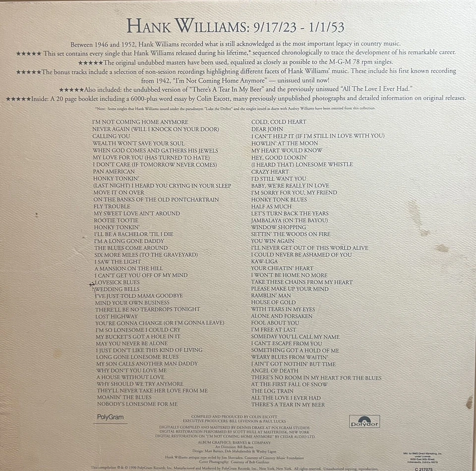 Hank Williams: The Original Singles Collection - 3 DISC BOX SET EX/EX - Image 3 of 3