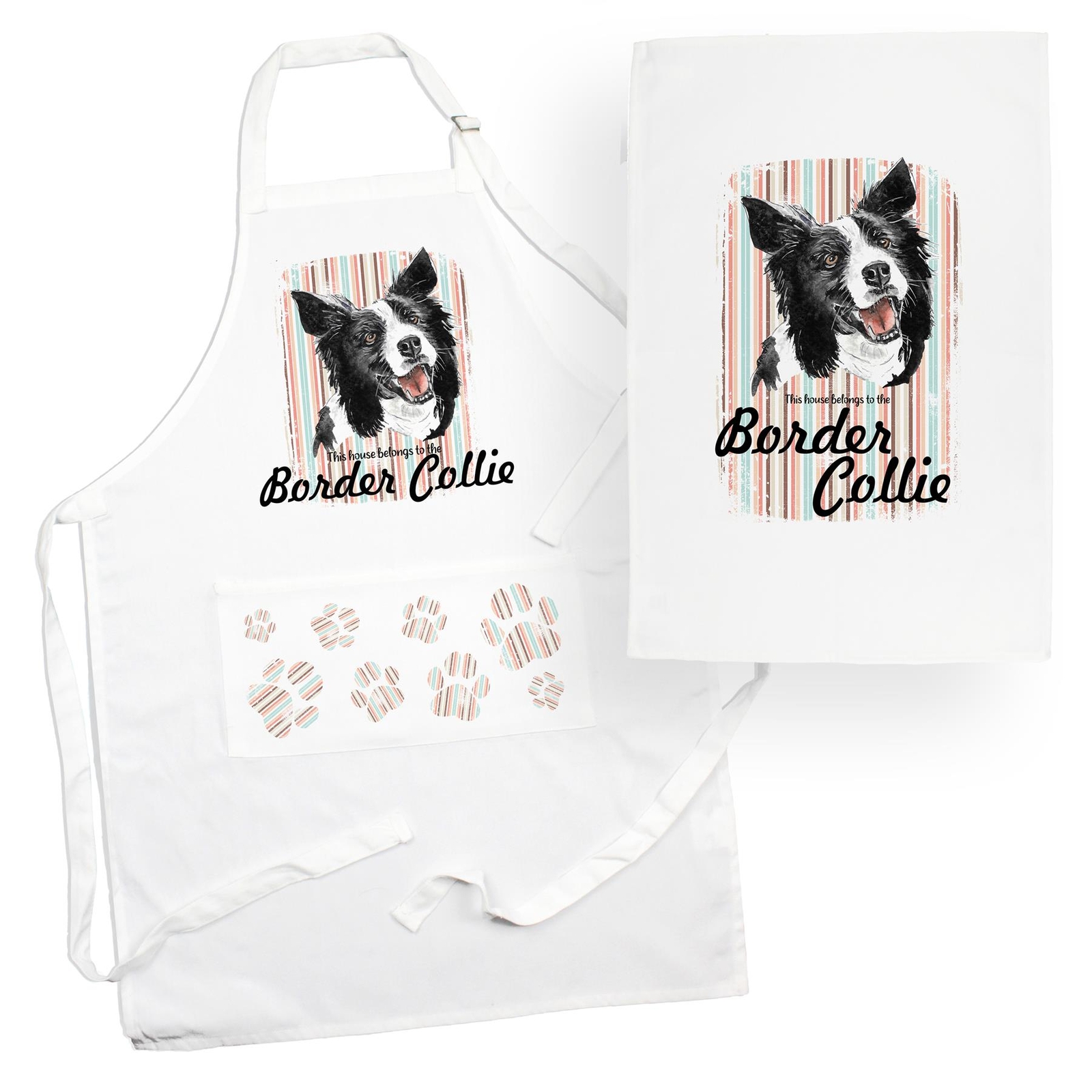 Border Collie Tea Towel & Apron Set - Dogs & Paw Prints Kitchen Linens Gifts
