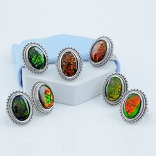Fiery Natural Ammolite Gemstone Oval Ring 925 Sterling Silver Cocktail Jewelry