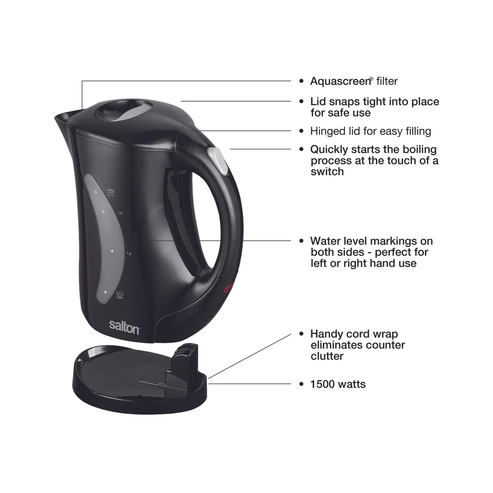 Salton Cordless Electric Kettle, 1.7 Liter Capacity, Automatic Shut-Off - Image 3 of 4