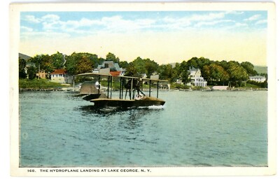 Lake George NY - HYDROPLANE LANDING ON LAKE- Postcard Adirondacks Biplane/Plane