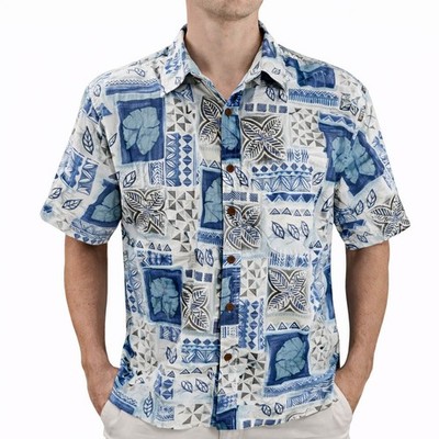 Cooke Street Hawaiian Aloha Shirt Large Tribal Floral Reverse Print Blue Brown