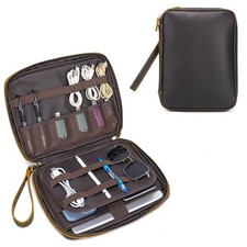 LANNSYNE Full Grain Leather Electronic Organizer Accessory Travel Tech Pouch,...