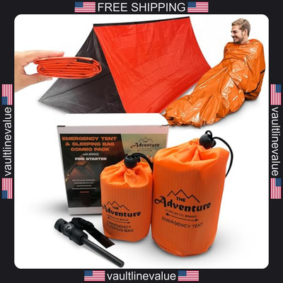 Mylar Emergency Sleeping Bag and Tent Shelter Kit with Fire Starter and Whistle