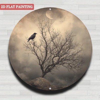 8x8 Inch Moonlight Crow Bare Branch Monochrome Wall Art