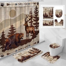 4 Pcs Farmhouse Bear and Deer Shower Curtain Set with Non-Slip Rugs, Toilet Lid