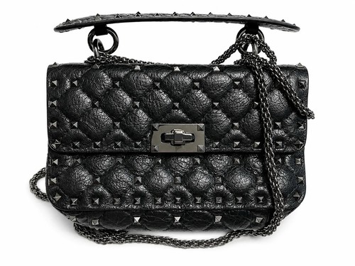 VALENTINO GARAVANI CRAQUELE NAPPA SMALL ROCKSTUD SPIKE SHOULDER BAG – BLACK