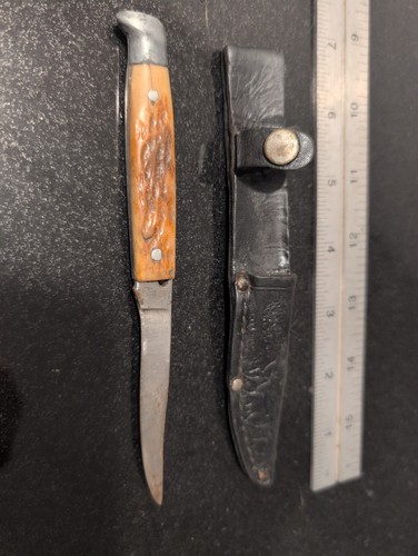 Vintage Imperial Fixed Blade Mini Hunting Knife Bird Trout Faux Bone Deer Sheath