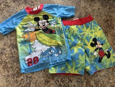 Boys Disney Mickey Mouse Rash Guard Swim Trunks Swimming Set Shorts Shirt 4T