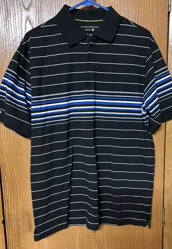 Men’s Navy Blue Striped IZOD Cool short Sleeve Zip Collar Polo Sz Md