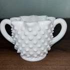 VTG Fenton Hobnail White Milk Glass Sugar Bowl 3"H Crimped Edge Double Handle