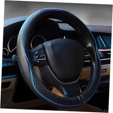 LABBYWAY Microfiber Leather Steering Wheel Cover, Black With Blue Line