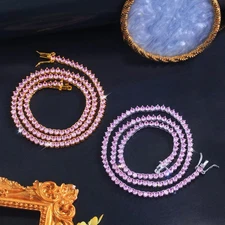 Gorgeous Gold Plated Pink Cubic Zirconia Tennis Necklace for Women Wedding Party