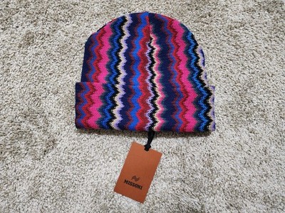 Missoni Woven Chevron Wool Blend Beanie Multicolor Red & Pink Made in Italy NWT