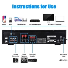800W Surround Sound Bluetooth Audio Power Amplifier Receiver Home Theater Stereo