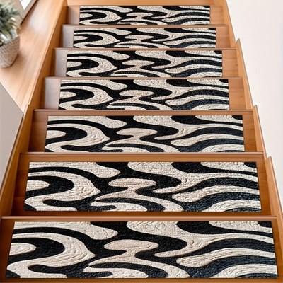 Black And White Wave-Patterned Non-Slip Stair Mat, Made of Soft Material for a