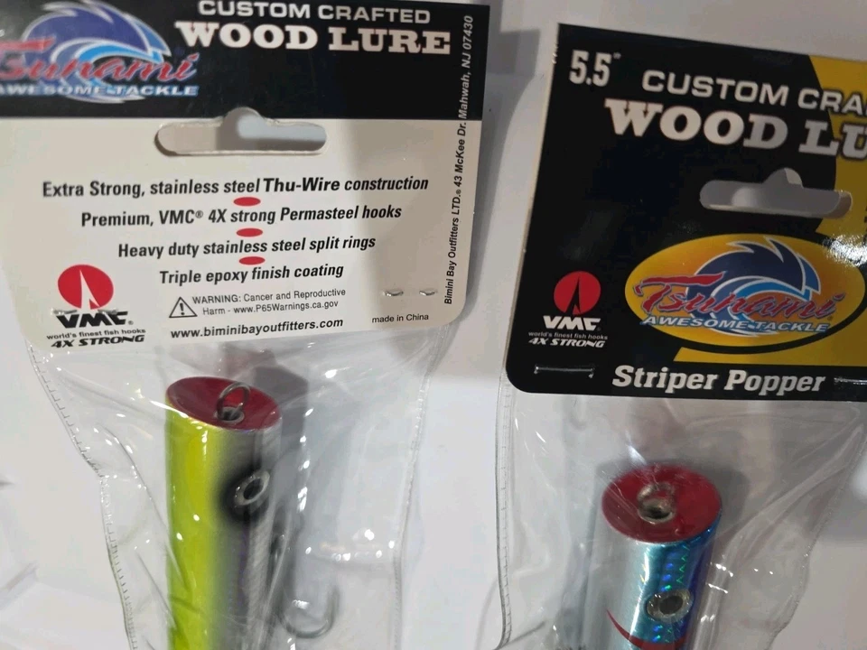 Lote de 2- Señuelo de Madera Personalizado Tsunami 5.5" Madera Striper Popper 2oz Foto 4 de 4