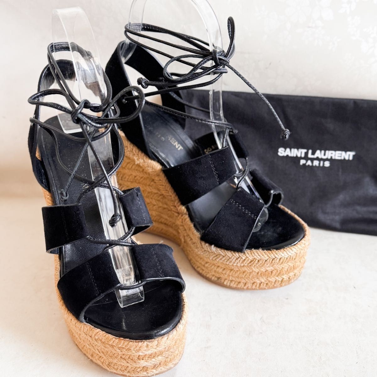 Sandali con zeppa Saint Laurent stringati scamosciati neri 35 5