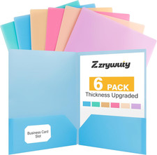 Plastic Folders with Pockets 6 Pack,Assorted Colors Durable Heavy Duty File Fo