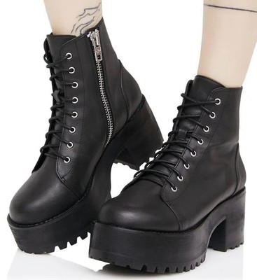 Used Current Mood RARE Dollskill Raven Size 7 Platform Ankle Lace Up Black Boots