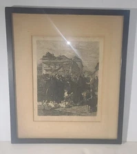 GOOSE MARKET IN KRAKOW FRAMED ART ETCHING 11 1/4" X 13 1/4"  WILHELM UNGER