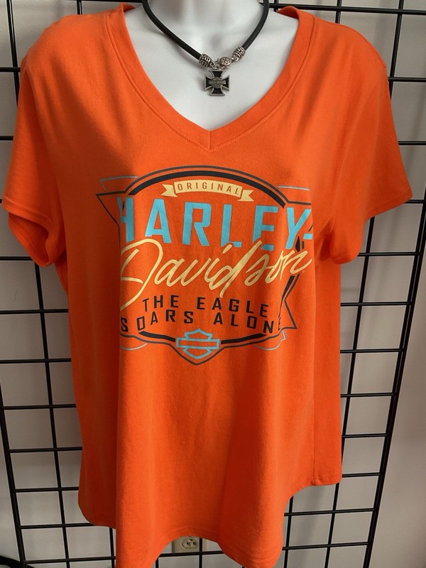 Harley-Davidson NWT Women's Orange V-Neck T-Shirt Size Large Caribou, Maine