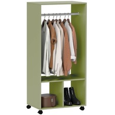 Green Wooden Rolling Open Wardrobe Hanging Rail 3 Shelves Small Clothes Storage