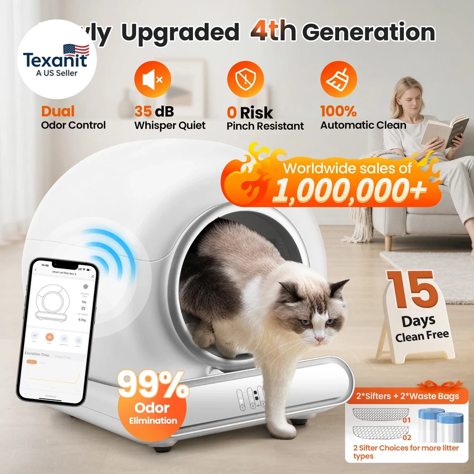 Caja de arena automática para gatos autolimpiante, caja de arena grande 65+9L con revestimiento, olor  Foto 2 de 4