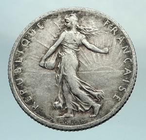 1920-FRANCE-Antique-Silver-1-Franc-French-Coin-w-La-Semeuse-Sower-Woman-i79686