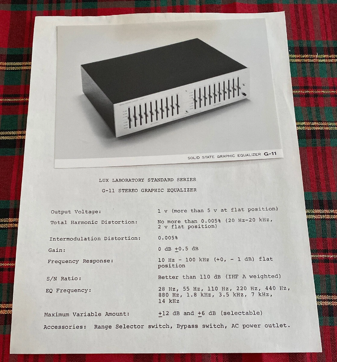 LUX LUXMAN LAB STANDARD SERIES G-11 EQ ORIGINAL SPEC SHEET + PHOTO