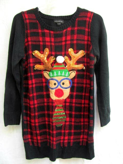 reindeer christmas sweater dress RED NOSE REINDEER..CHRISTMAS..KNIT..SWEATER DRESS..SEQUIN & BELLS..NEW..sz  L