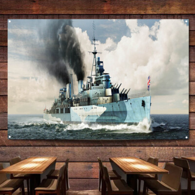 HMS Belfast 1942 Battleship Print Poster Hanging Flag Warship Wall Art Banner 0